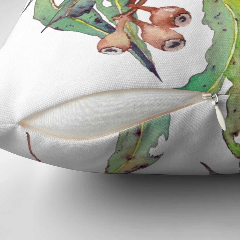 Watercolor illustration of an eucalyptus tree branch with white flowers and gumnuts