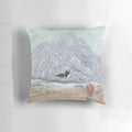 Fantastic Mr Fox inspired watercolor fan art pillow featuring a wolf and fox in a mountain landscape