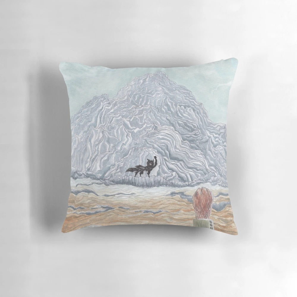 Fantastic Mr Fox inspired watercolor fan art pillow featuring a wolf and fox in a mountain landscape
