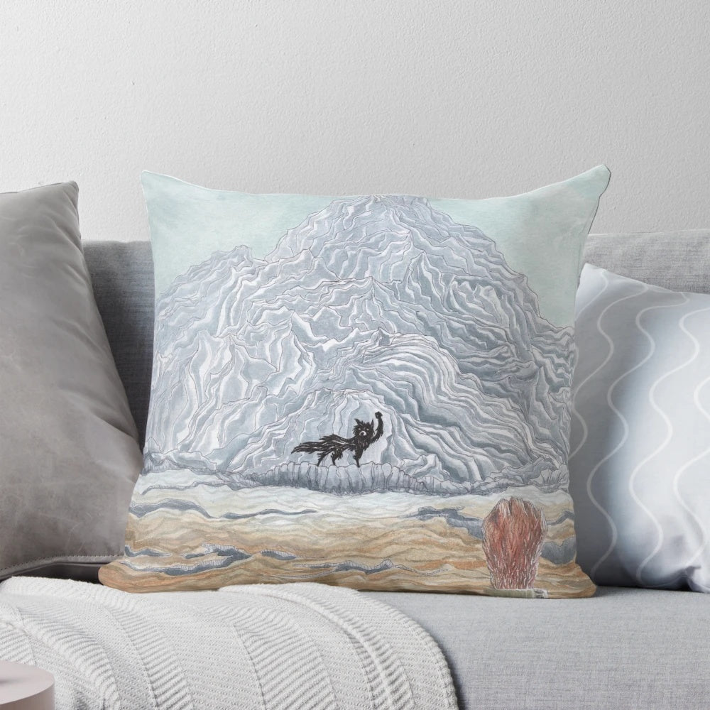 Fantastic Mr Fox inspired watercolor fan art pillow featuring a wolf and fox in a mountain landscape
