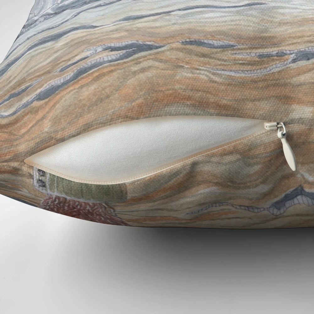 Fantastic Mr Fox inspired watercolor fan art pillow featuring a wolf and fox in a mountain landscape