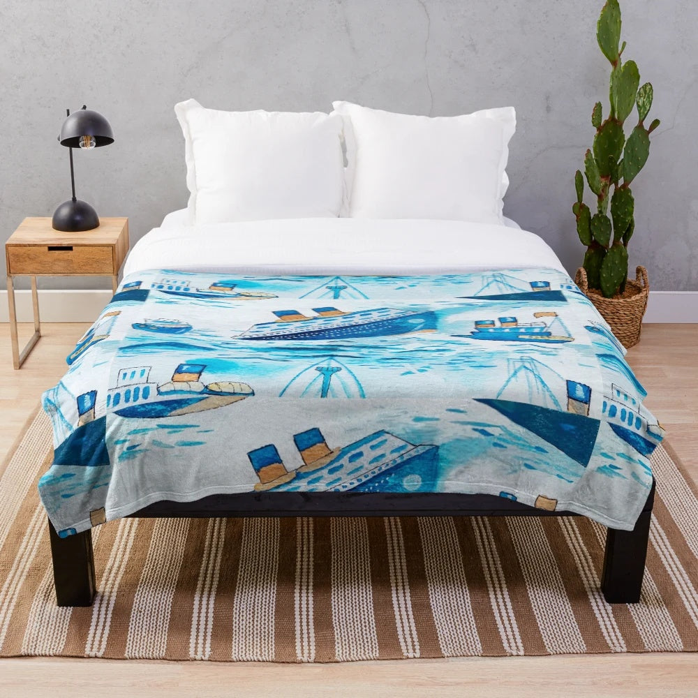 Watercolor ferry boats scrub cap plush blanket