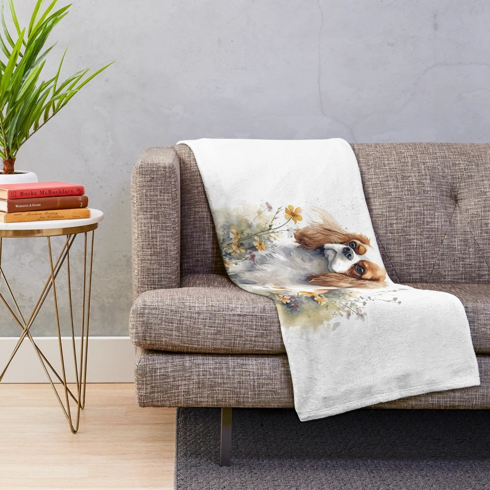Watercolor flowers Cavalier King Charles Spaniel plush blanket