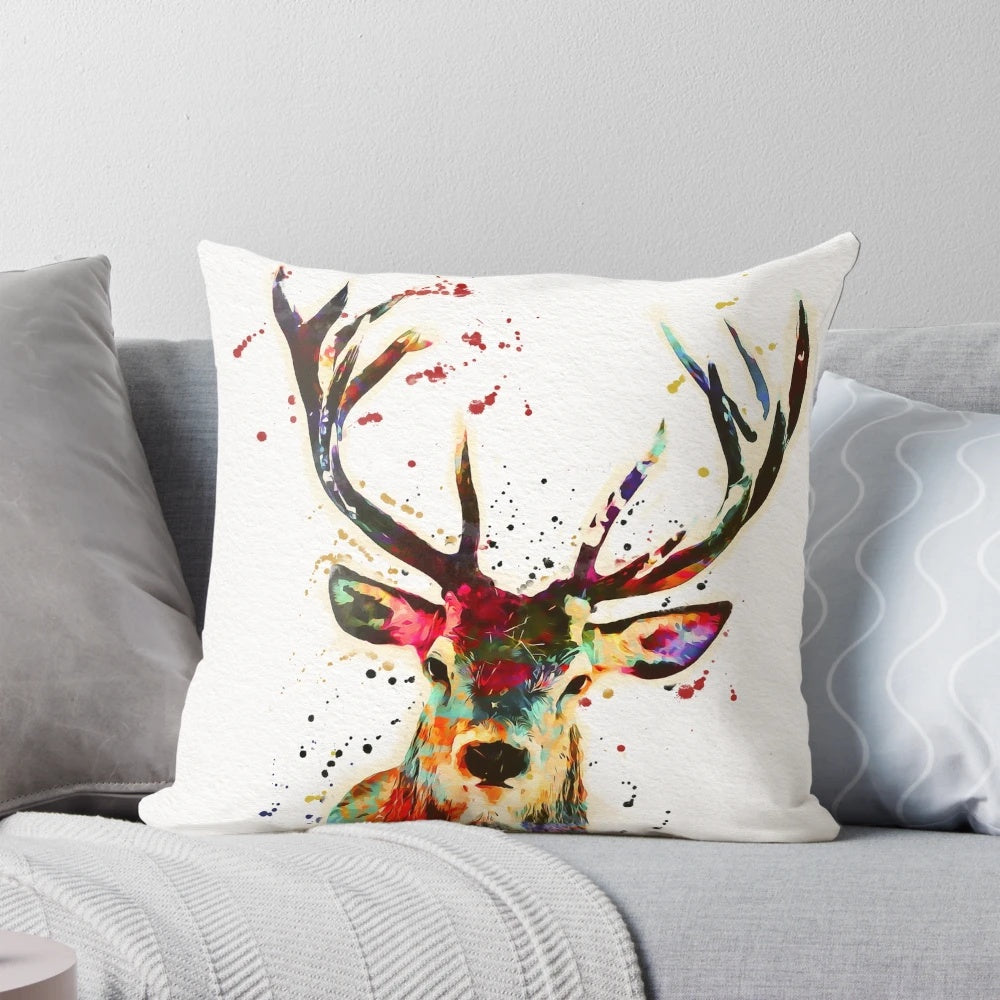 Colorful watercolor painting of a forest animal on a soft pillow