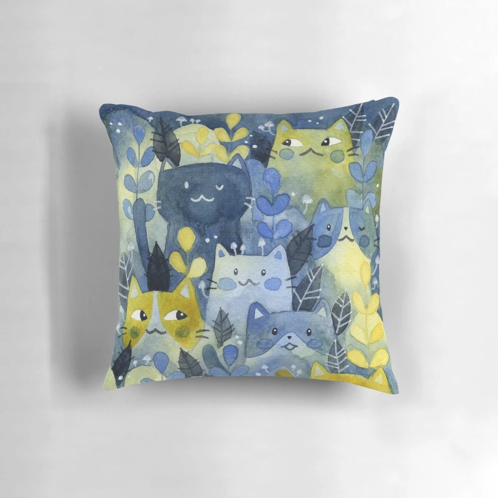 A watercolor painting of a cat resting in a lush forest setting.