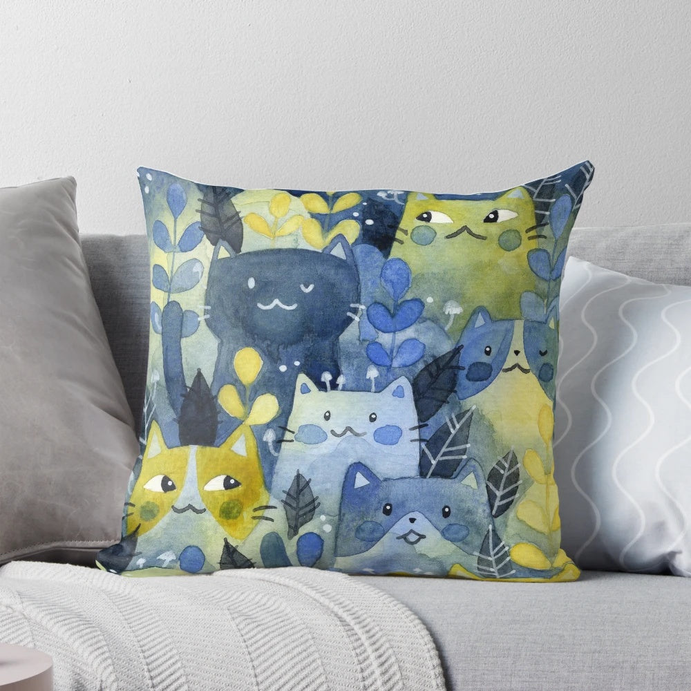 A watercolor painting of a cat resting in a lush forest setting.