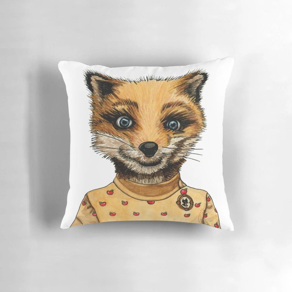 Watercolor illustration of a fox on a soft, plush decorative pillow for home decor.