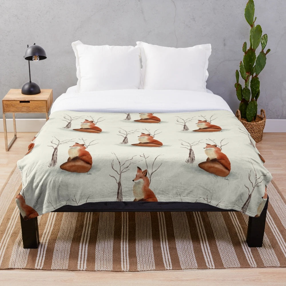 Soft and cozy watercolor fox plush blanket