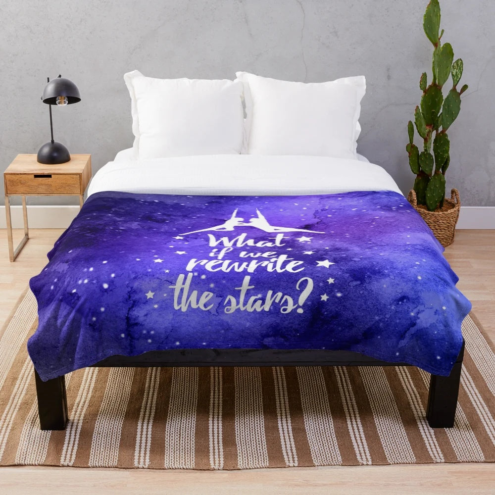 Watercolor galaxy plush blanket with 'Rewrite the Stars' design from The Greatest Showman