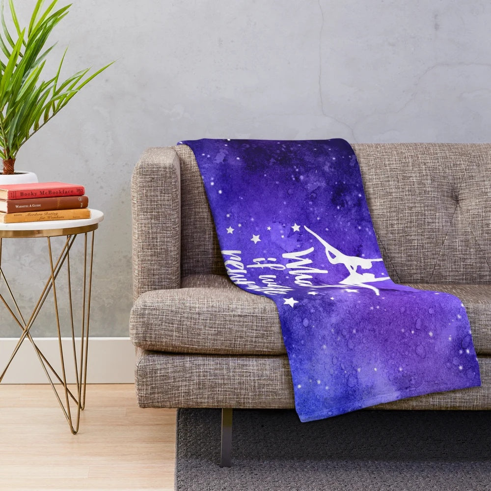 Watercolor galaxy plush blanket with 'Rewrite the Stars' design from The Greatest Showman