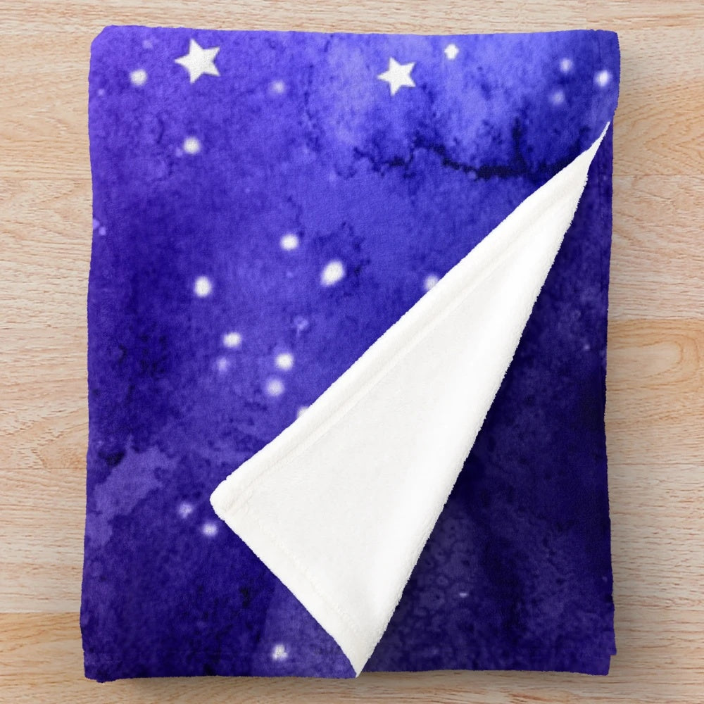 Watercolor galaxy plush blanket with 'Rewrite the Stars' design from The Greatest Showman