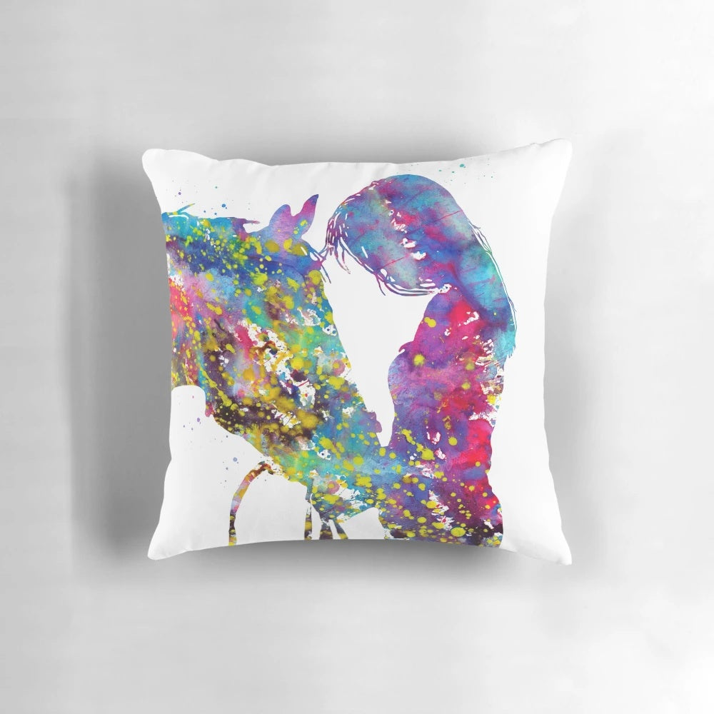 Watercolor painting of a girl with a horse, artistic and serene wall art