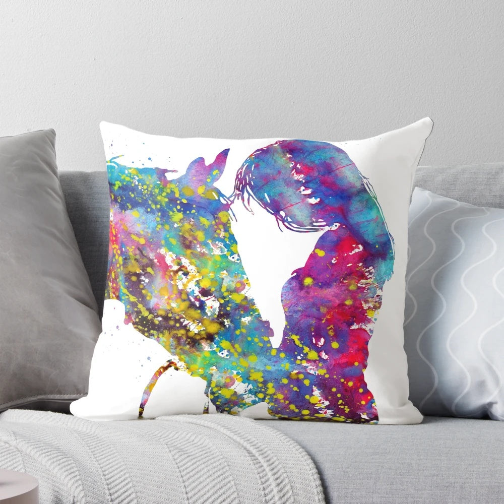 Watercolor painting of a girl with a horse, artistic and serene wall art