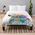 Watercolor painting of a golden retriever on a plush blanket