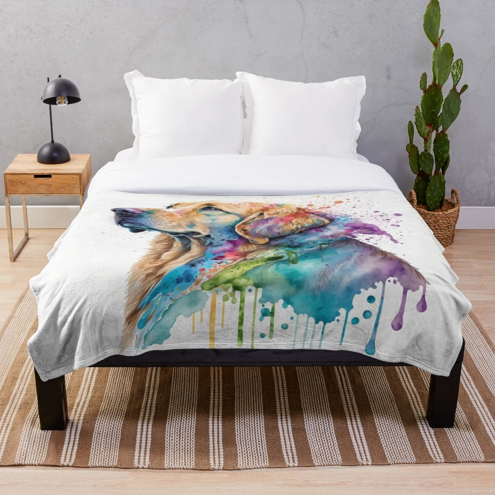 Watercolor painting of a golden retriever on a plush blanket