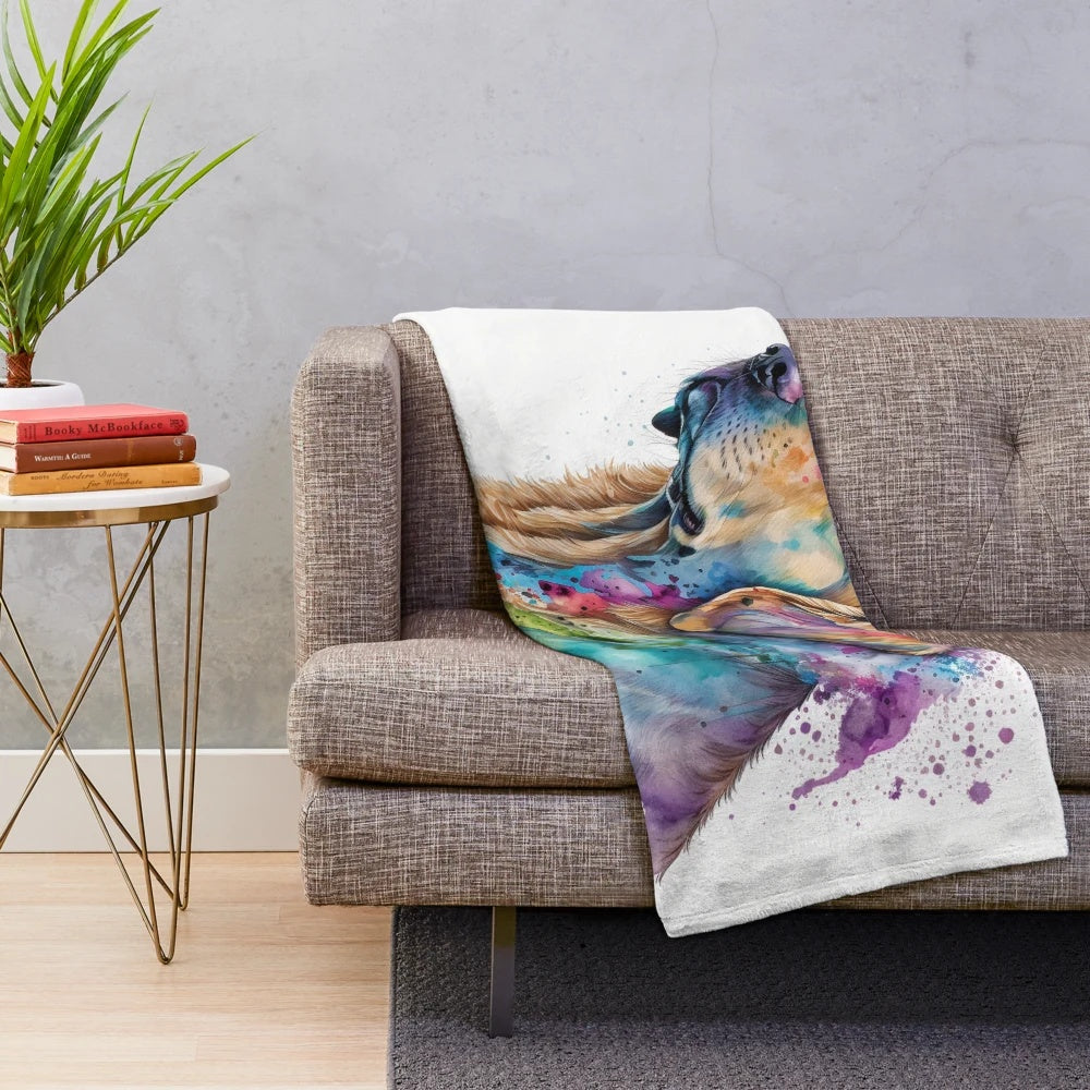 Watercolor painting of a golden retriever on a plush blanket