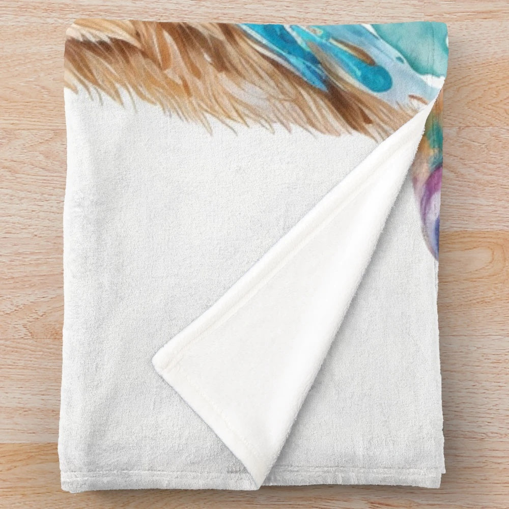 Watercolor painting of a golden retriever on a plush blanket