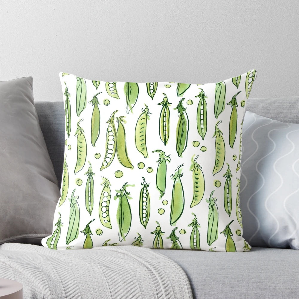 Watercolor illustration of green peas on a decorative pillow for organic, vegetarian home design.