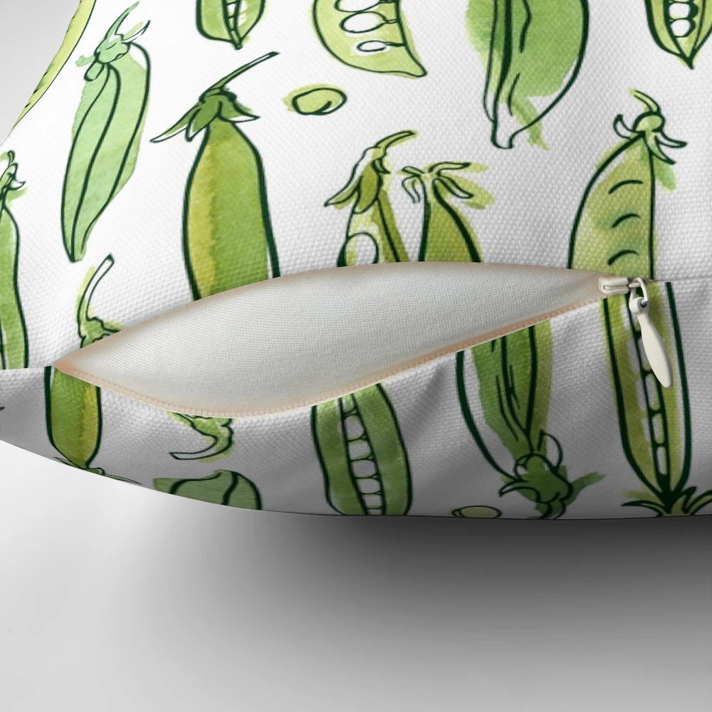Watercolor illustration of green peas on a decorative pillow for organic, vegetarian home design.