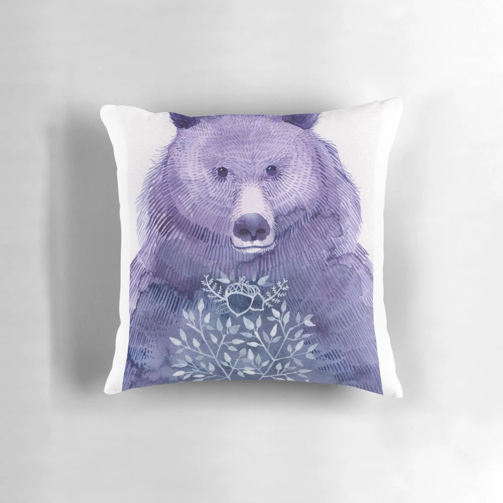 Watercolor illustration of a grizzly bear on a decorative pillow