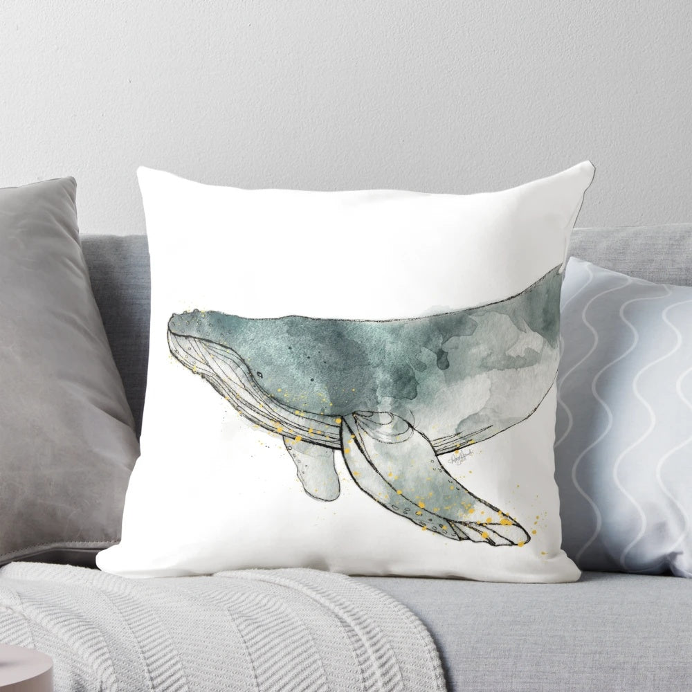 Realistic watercolor illustration of a majestic humpback whale on a cozy throw pillow.