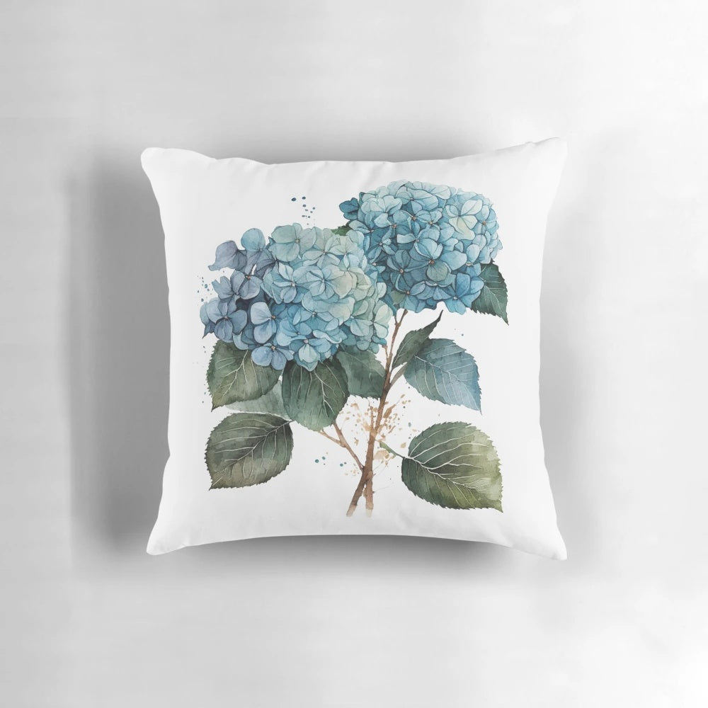 Vibrant watercolor hydrangea floral pattern on a soft and cozy pillow