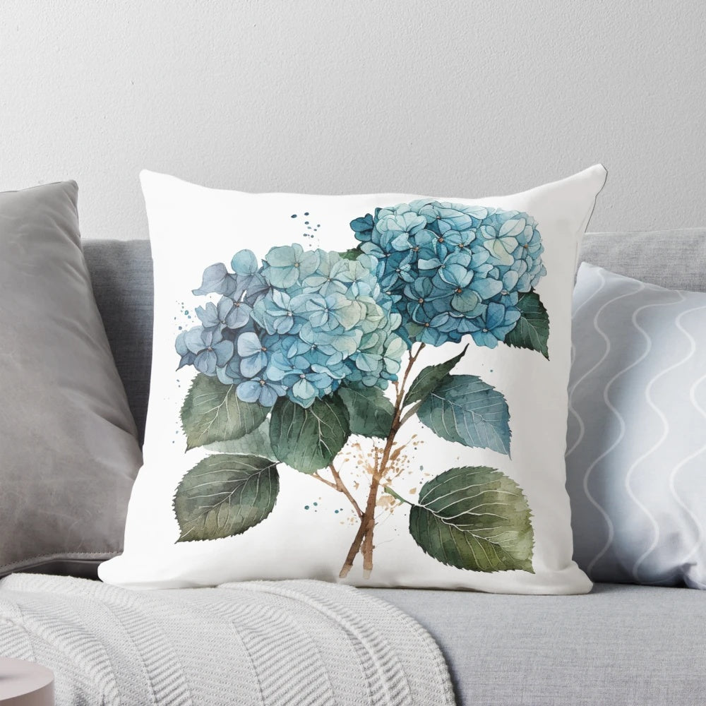 Vibrant watercolor hydrangea floral pattern on a soft and cozy pillow