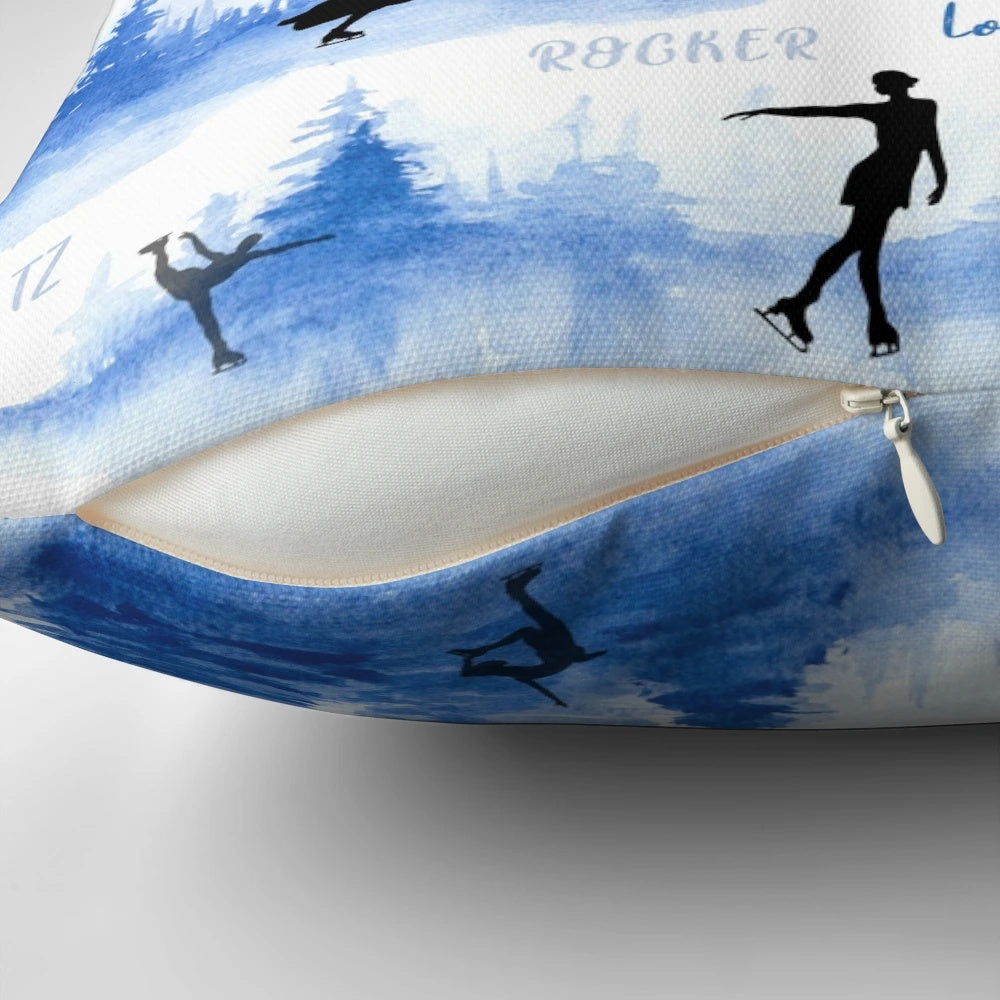 Colorful watercolor illustration of an ice skating pond with figure skaters on the ice.