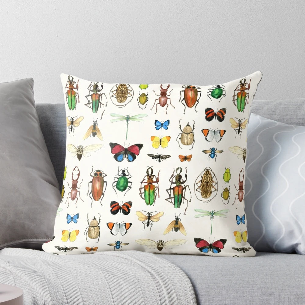 Watercolor insects, bugs, and butterflies on a white background, featured on a Pillow by Cecca Designs
