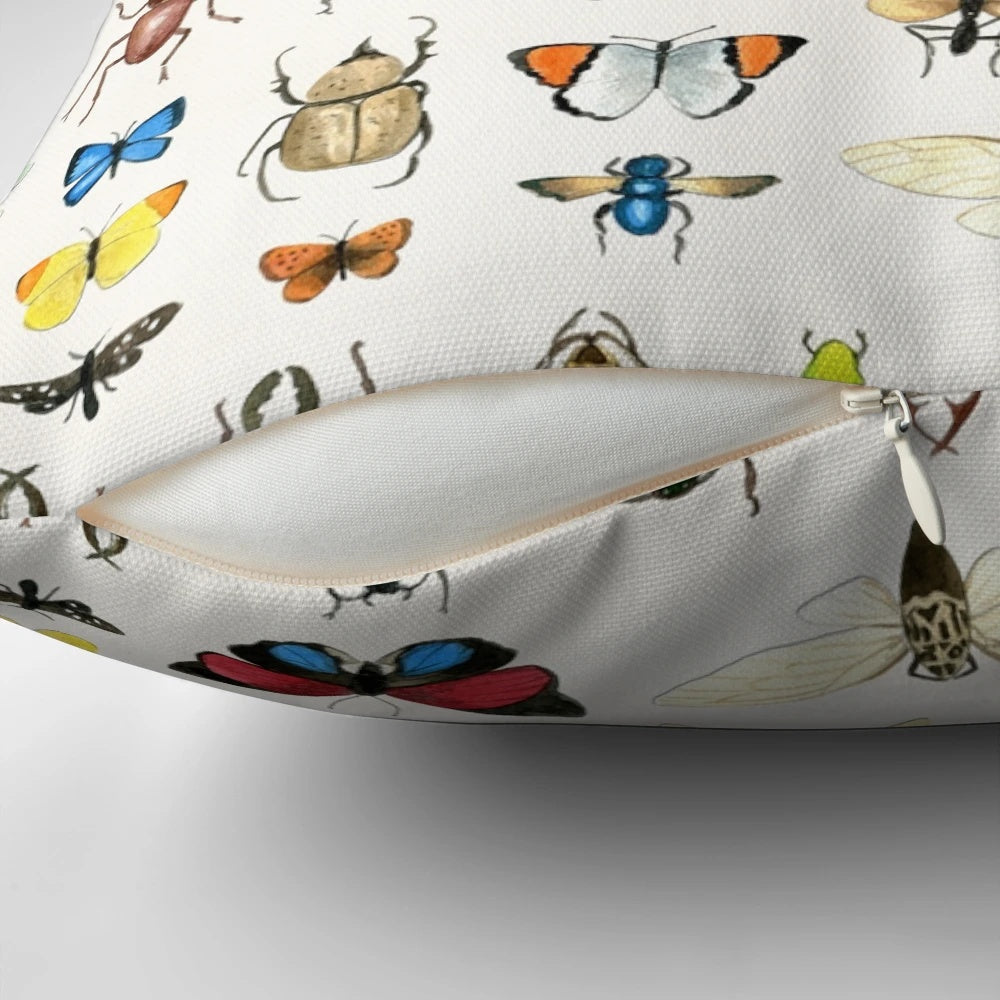 Watercolor insects, bugs, and butterflies on a white background, featured on a Pillow by Cecca Designs