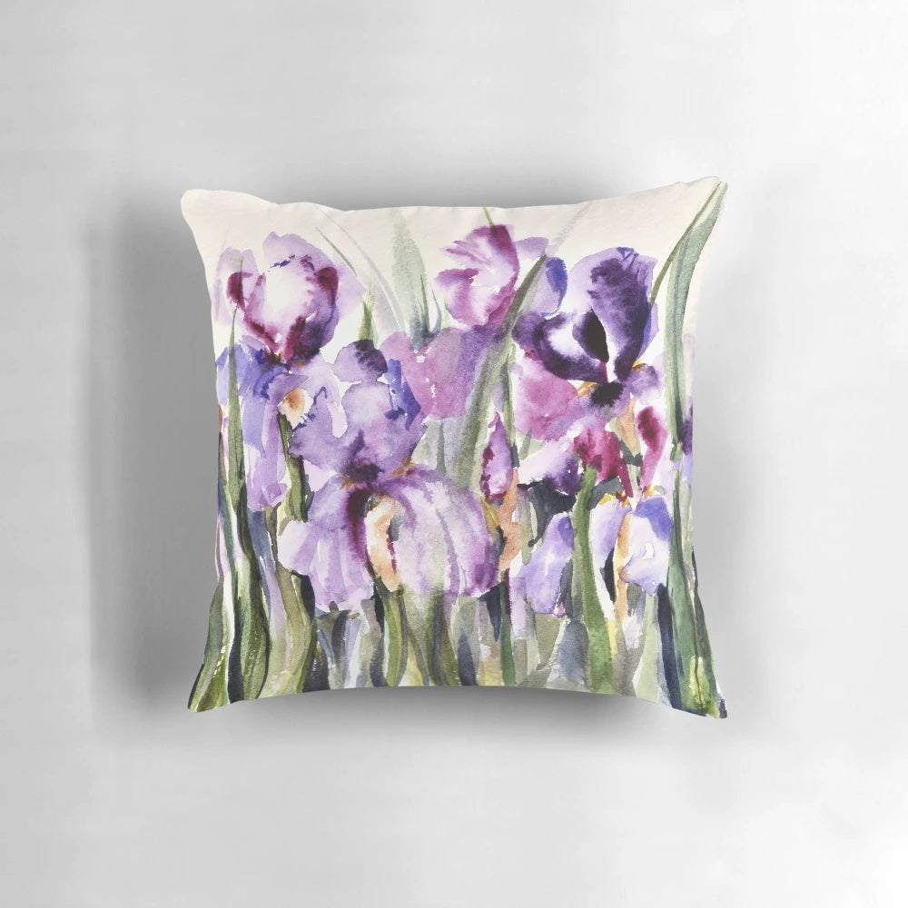 Vibrant watercolor painting of an iris flower on a plush pillow cover