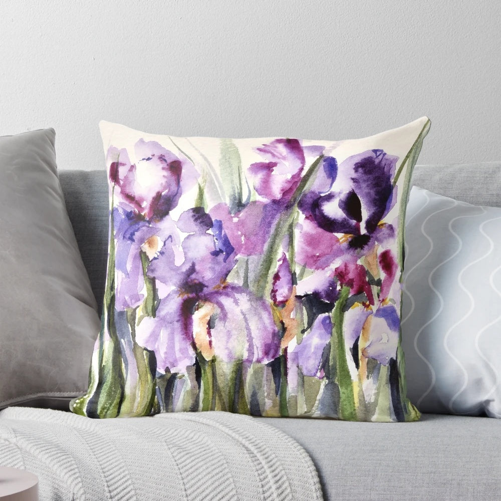 Vibrant watercolor painting of an iris flower on a plush pillow cover