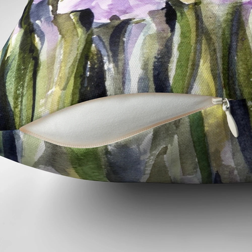 Vibrant watercolor painting of an iris flower on a plush pillow cover