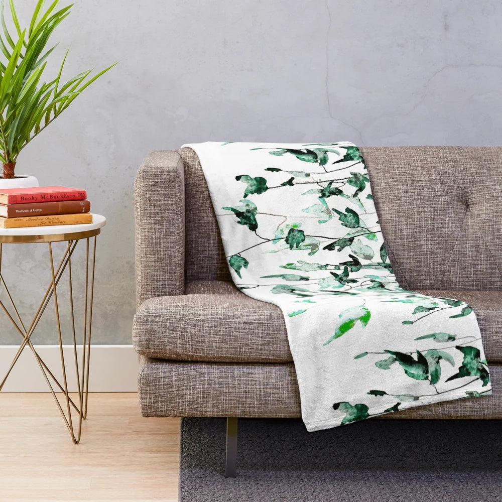 Watercolor painting of ivy plants climbing on a wall, printed on a soft plush blanket