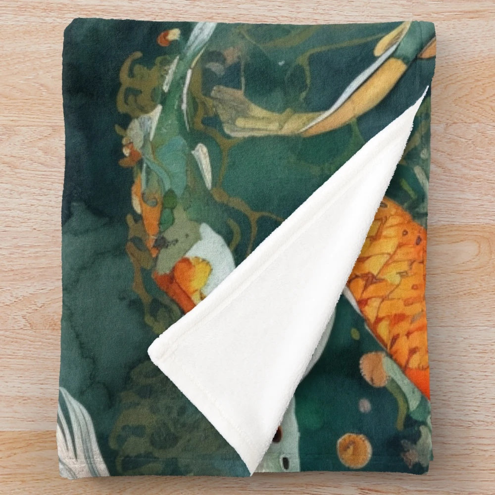 Watercolor koi fish pond design on a plush blanket