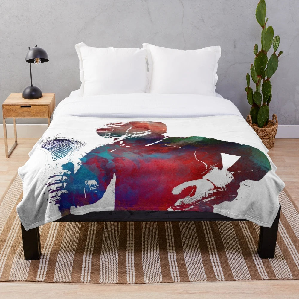 Watercolor lacrosse player illustration on a plush blanket
