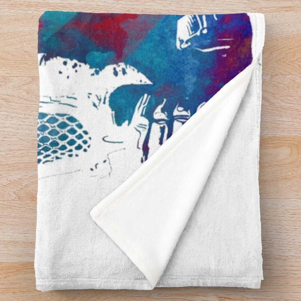 Watercolor lacrosse player illustration on a plush blanket
