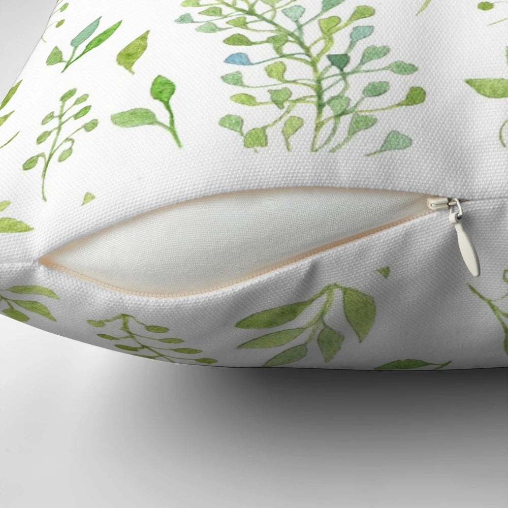 Watercolor leaves pattern throw pillow featuring a hand-drawn design of branches and leaves in a seamless, natural background.