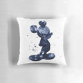 Vibrant watercolor painting of Mickey Mouse on a navy blue throw pillow