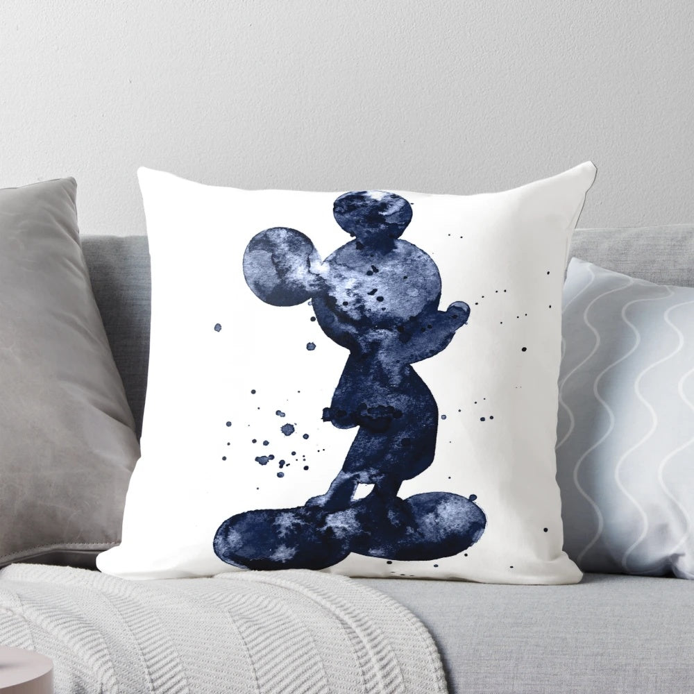 Vibrant watercolor painting of Mickey Mouse on a navy blue throw pillow