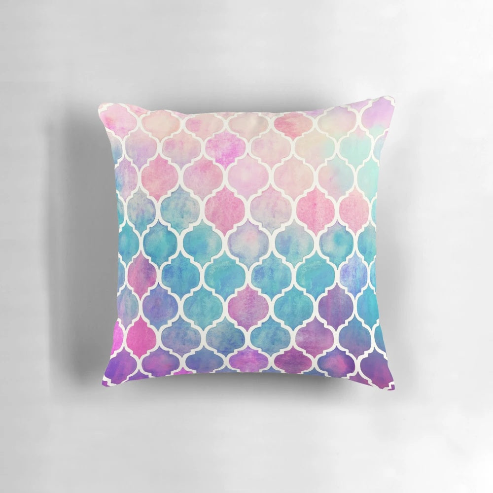 Vibrant watercolor Moroccan pattern design on a soft, plush throw pillow for a cozy, dreamy home decor accent.