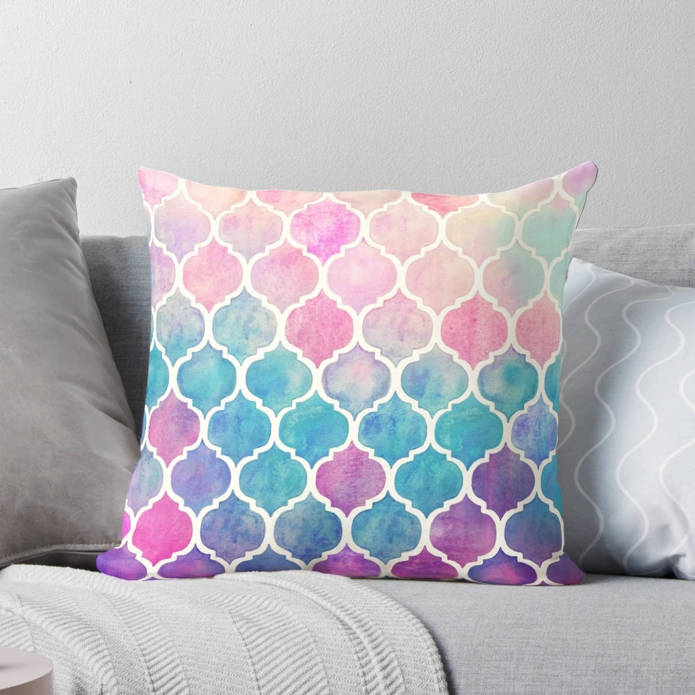Vibrant watercolor Moroccan pattern design on a soft, plush throw pillow for a cozy, dreamy home decor accent.