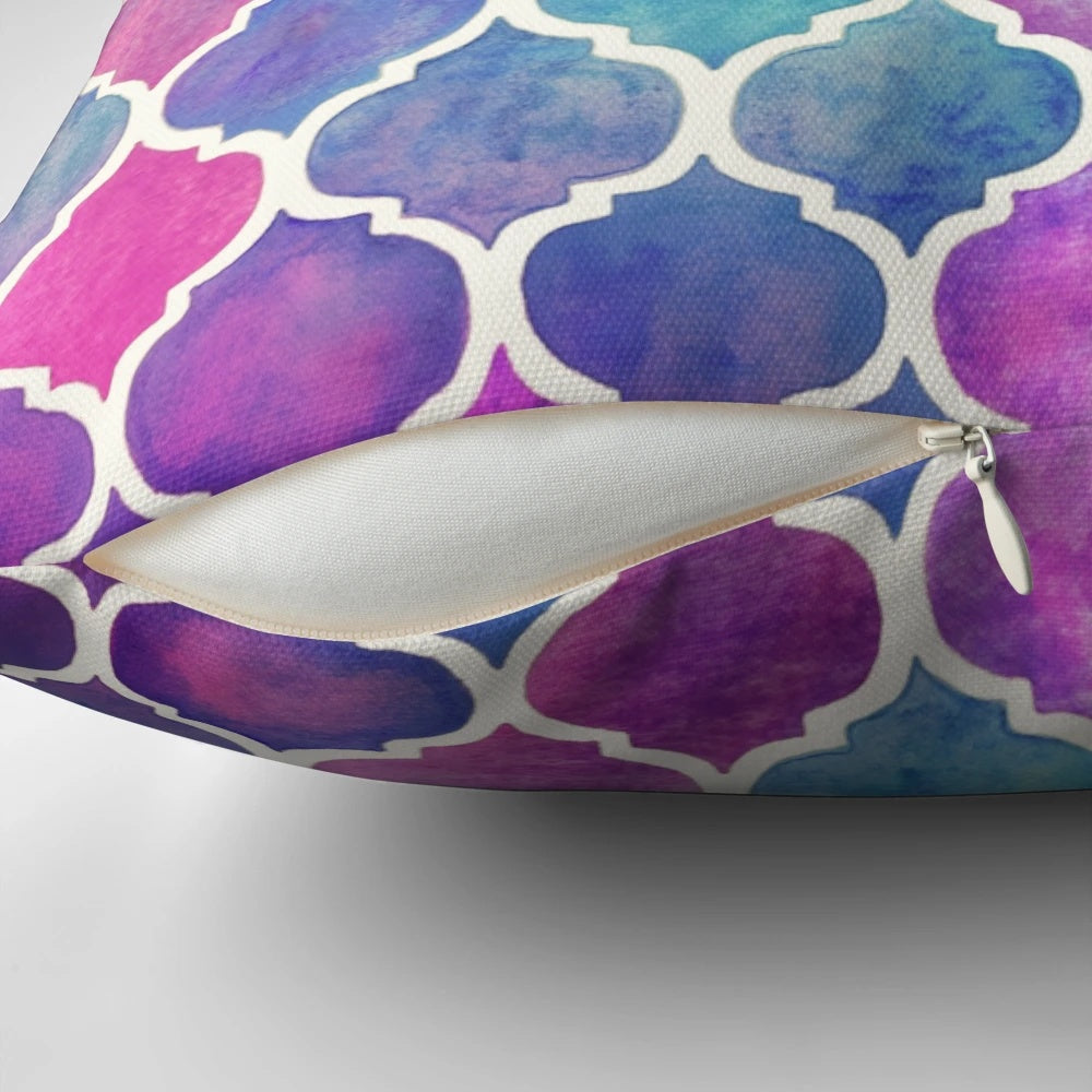 Vibrant watercolor Moroccan pattern design on a soft, plush throw pillow for a cozy, dreamy home decor accent.