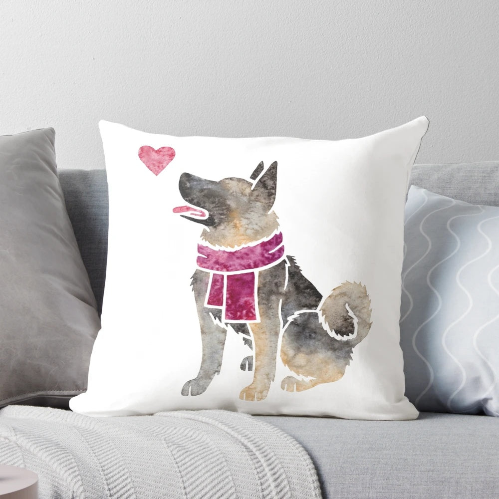 Watercolor illustration of a Norwegian Elkhound dog on a decorative throw pillow