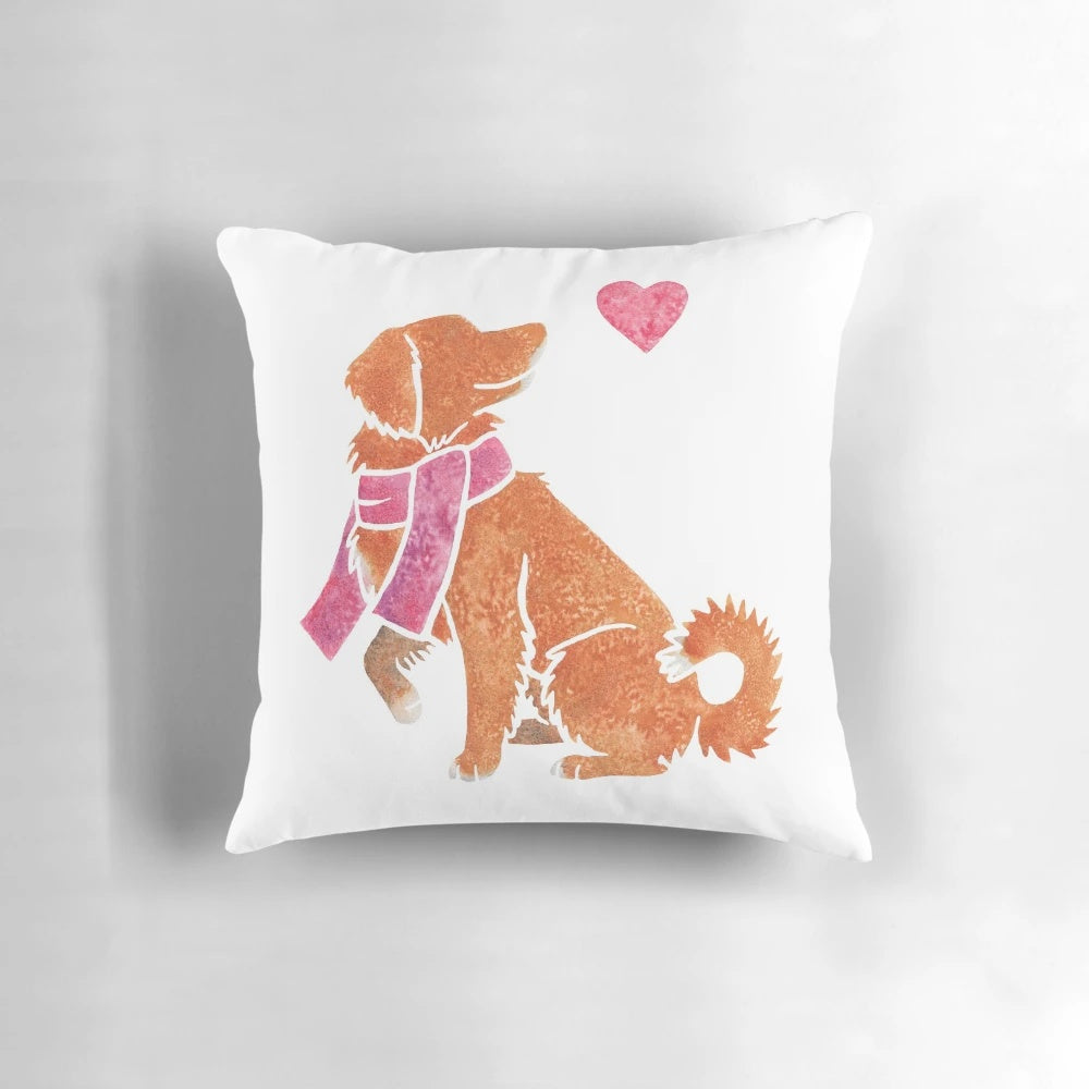 Watercolor painting of a Nova Scotia Duck Tolling Retriever on a decorative pillow