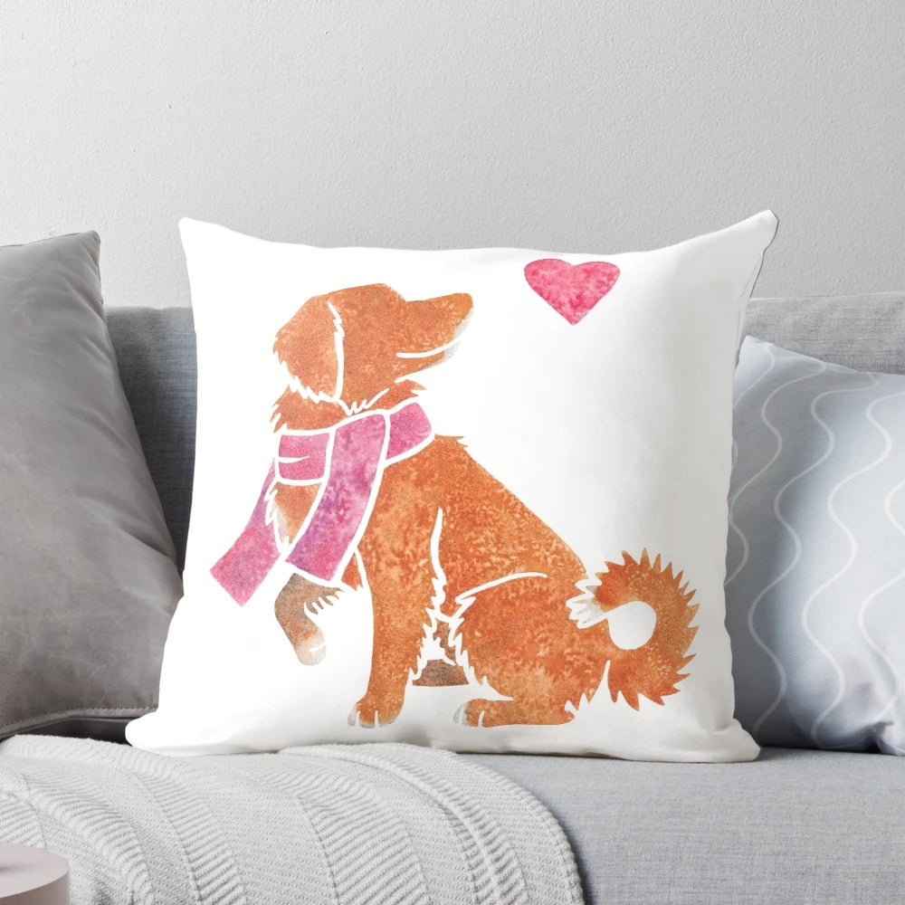 Watercolor painting of a Nova Scotia Duck Tolling Retriever on a decorative pillow