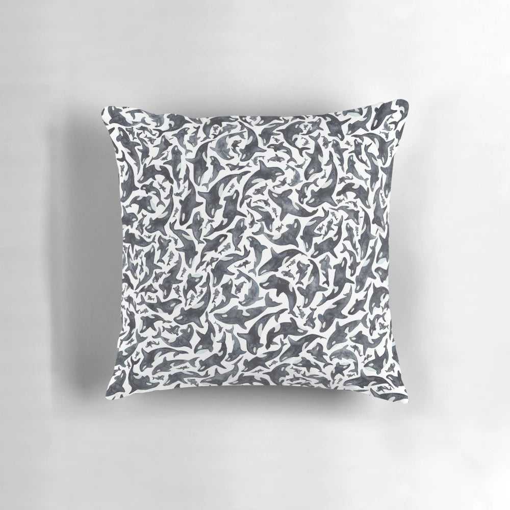 Watercolor illustration of an orca or killer whale on a throw pillow