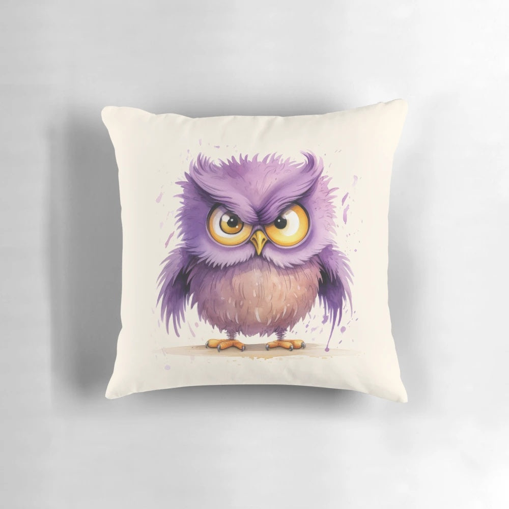 Watercolor illustration of an angry cartoon owl in purple tones