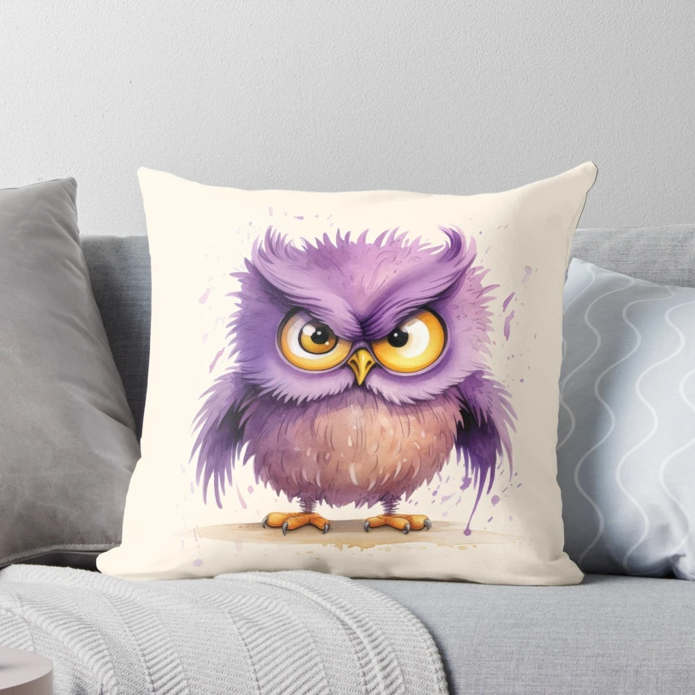 Watercolor illustration of an angry cartoon owl in purple tones