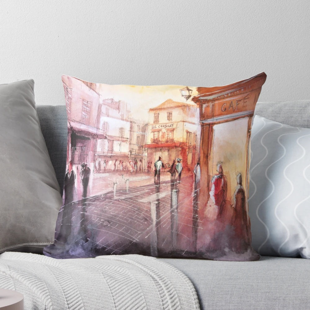 Watercolor painting of a scenic sunset over the Montmartre district in Paris, France